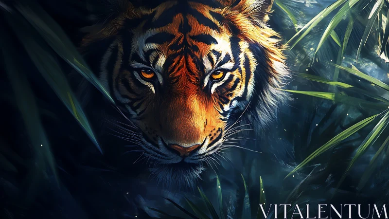Mystical jungle tiger emerging with glowing amber eyes.