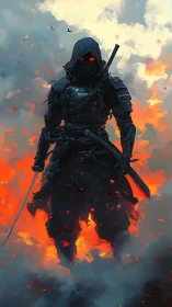 Hooded armored swordsman standing in firelit smoke field.