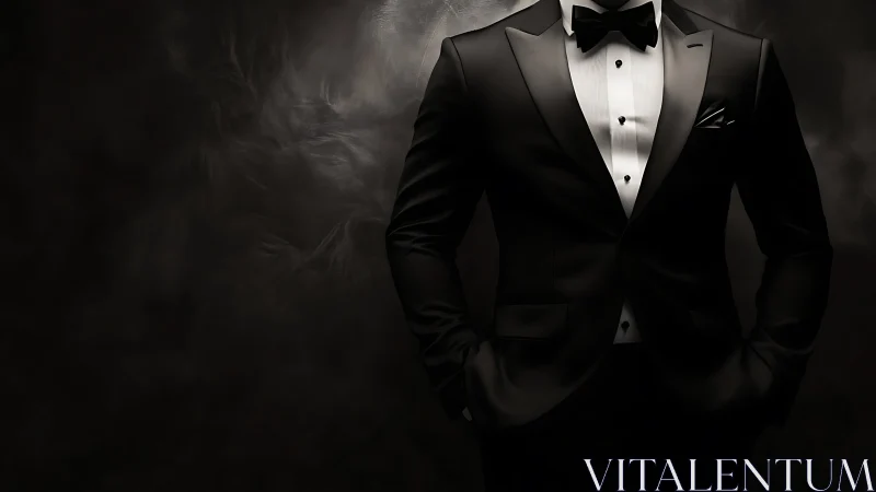 Formal black tuxedo portrait with dramatic low key lighting.