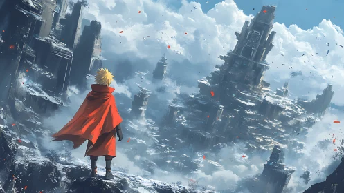 Solitary figure observes vertical city structures in clouds