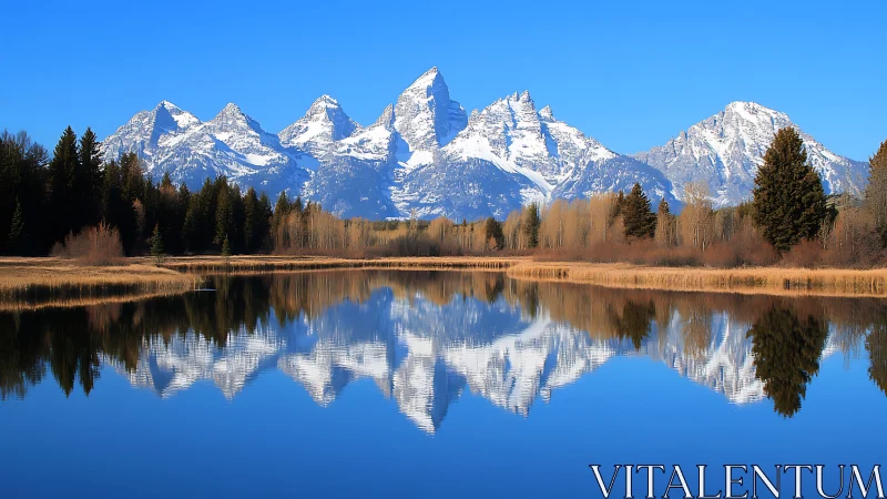 Snowcapped mountain range mirrored in tranquil lake panorama.