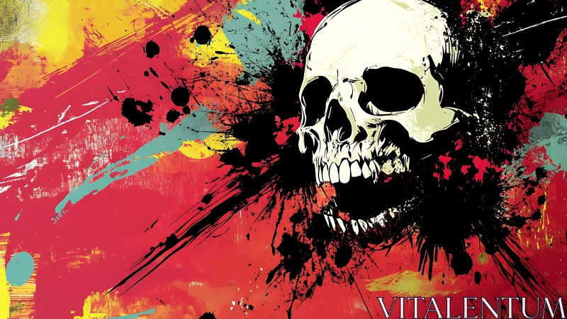 Skull over abstract splatter on vivid red and yellow field.
