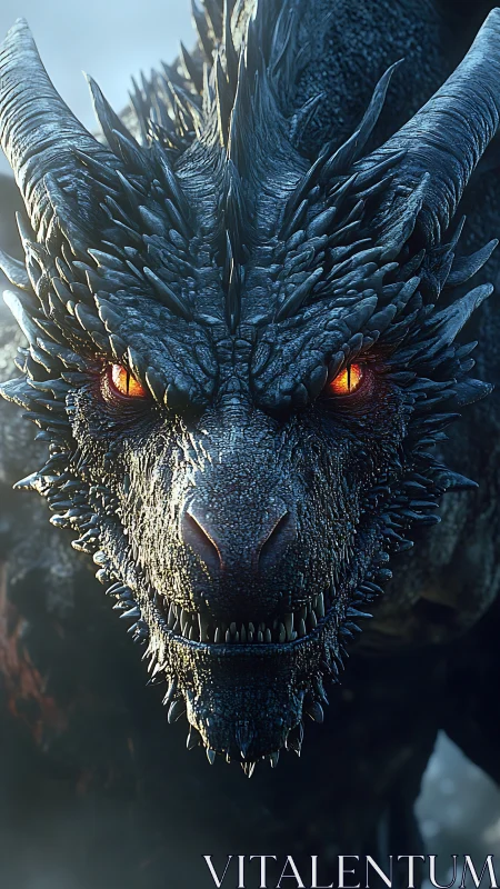 Close frontal view of horned dragon with glowing eyes.