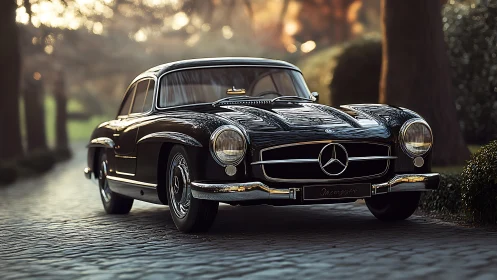 Classic Mercedes-Benz coupe on cobblestone road at dusk.