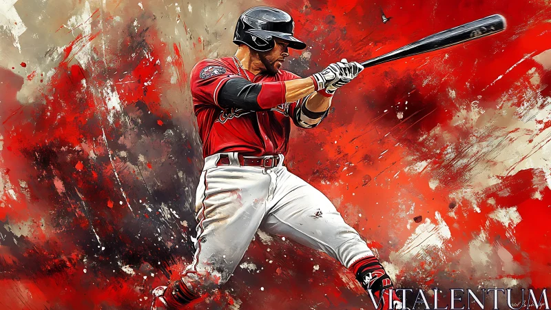 Dynamic baseball batter swinging against red abstract field.