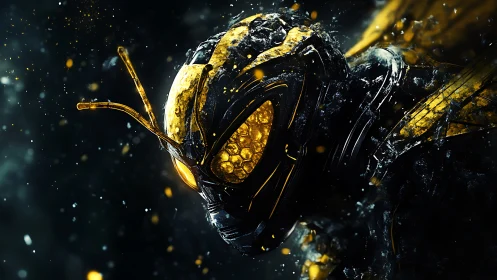 Futuristic cybernetic wasp head glowing in dark space.