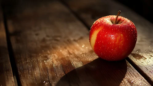 Sunlit dew-kissed apple posing on weathered wooden stage.