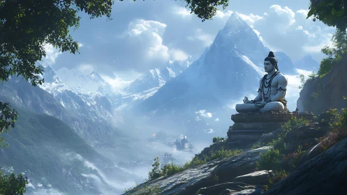 Serene mountain Shiva statue watching over misty valleys.