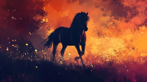 Midnight horse runs boldly through glowing sunset fields