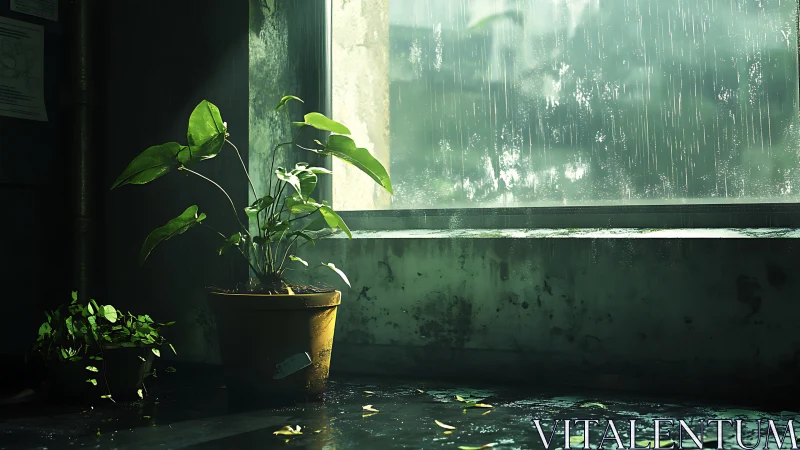 Photoreal botanical still life in rainlit industrial window bay.