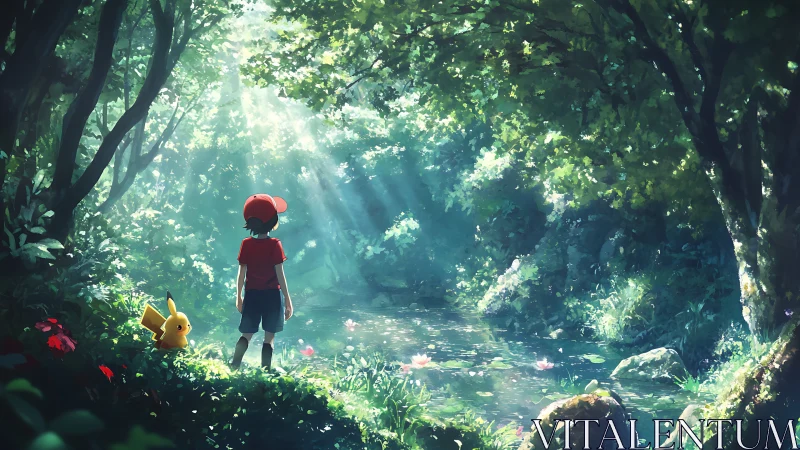 Child and small creature observing forest pond scene.