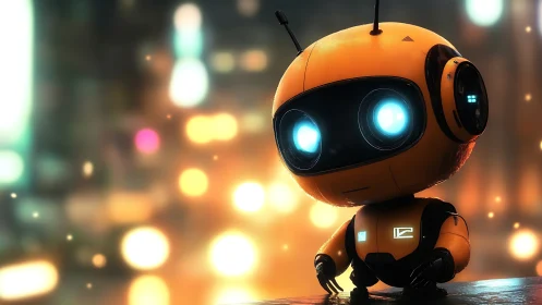 Orange luminescent robot portrait in cinematic bokeh city.