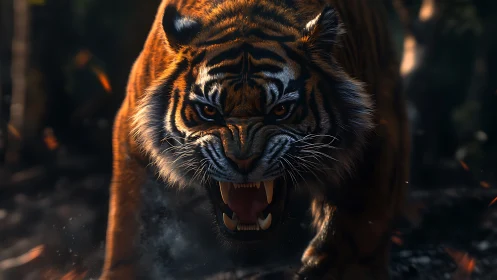 Snarling tiger charge under dramatic forest shadows.