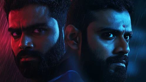 Dual close-up portrait shows one male face in split lighting