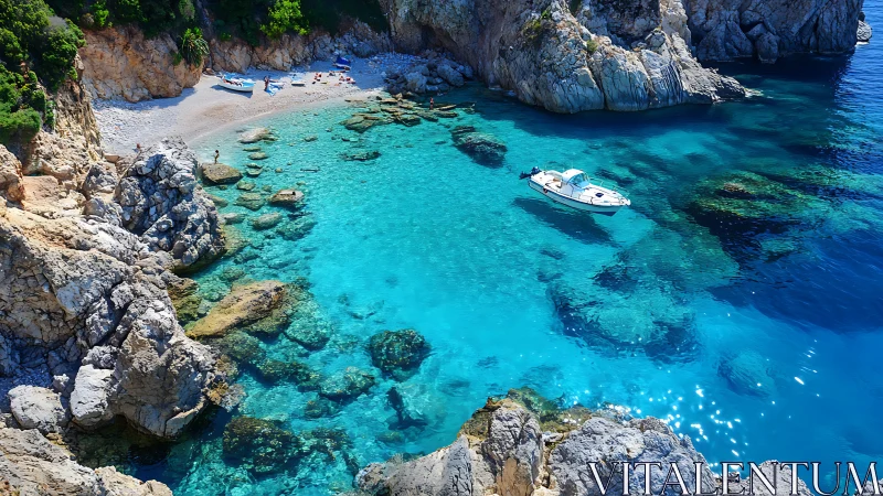 Mediterranean Coastal Cove: Stratified Rock Formation and Turquoise Waters.