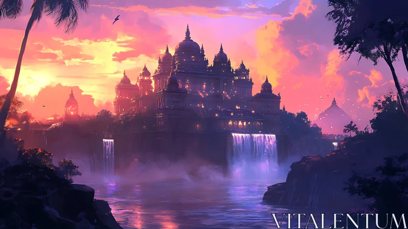 Sunset palace above waterfalls in vivid fantasy landscape.