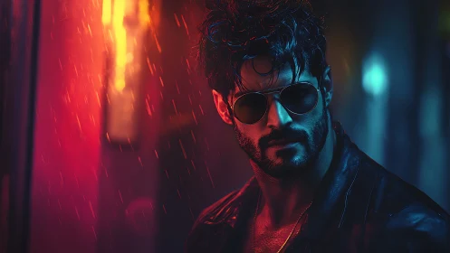 Brooding neon-lit biker in cinematic cyberpunk rain scene.
