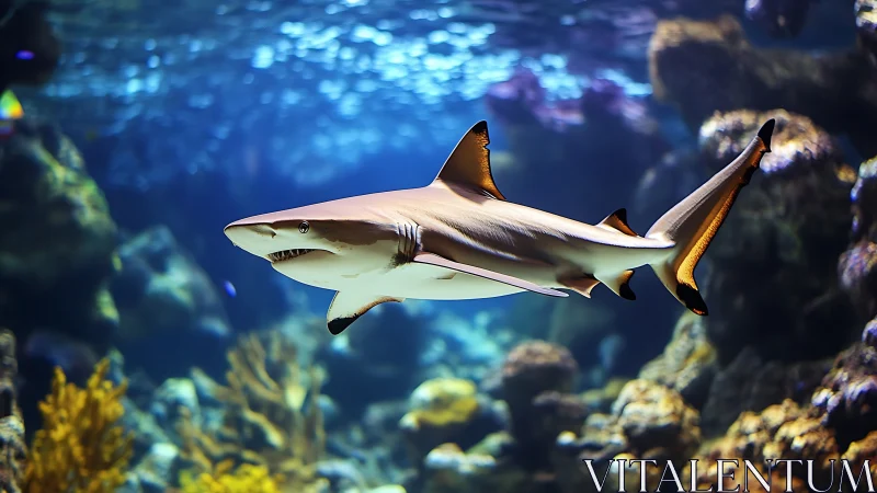 Graceful reef shark glides through a colorful coral world