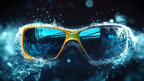 Splash-ready yellow sunglasses riding a wave of water.