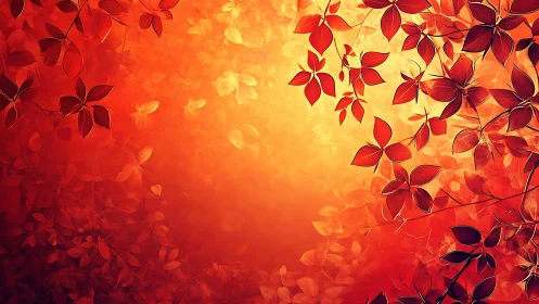 Radiant gradient canopy with stylized red foliage silhouettes.