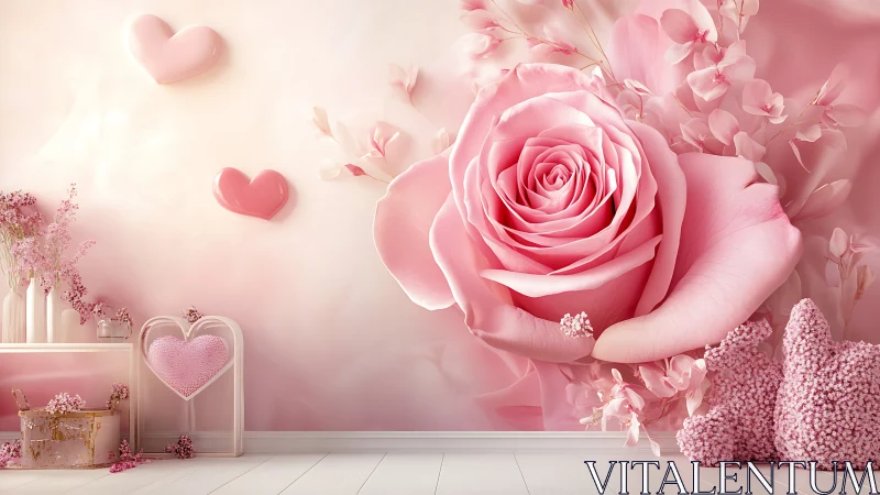 Pink rose mural fills romantic pastel bedroom interior