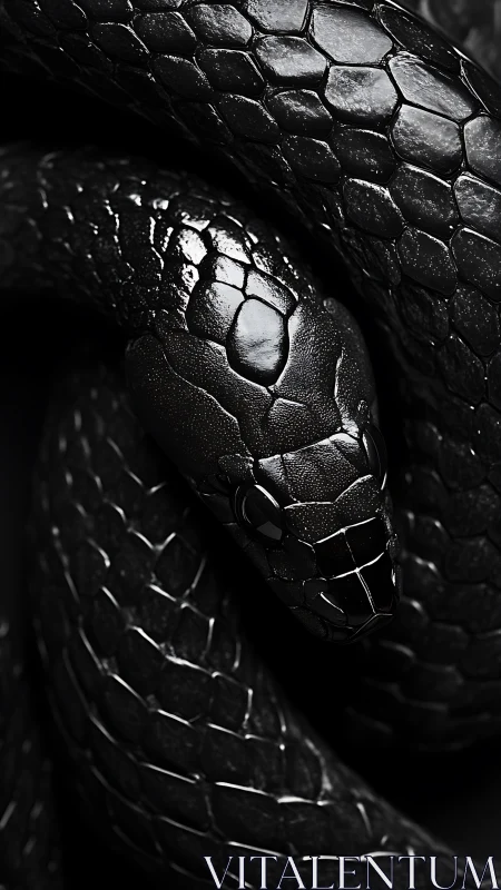 Hyperreal close-up of coiled black snake with glossy scales