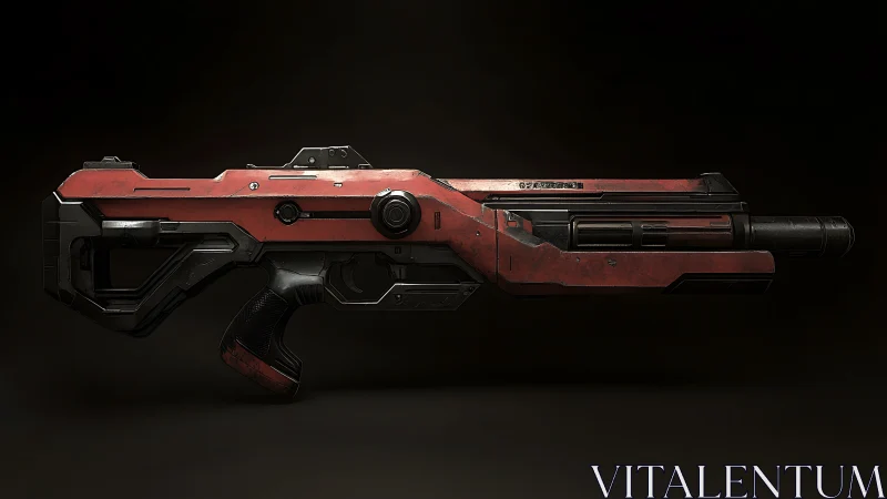 Futuristic red sci fi rifle rests in moody studio lighting