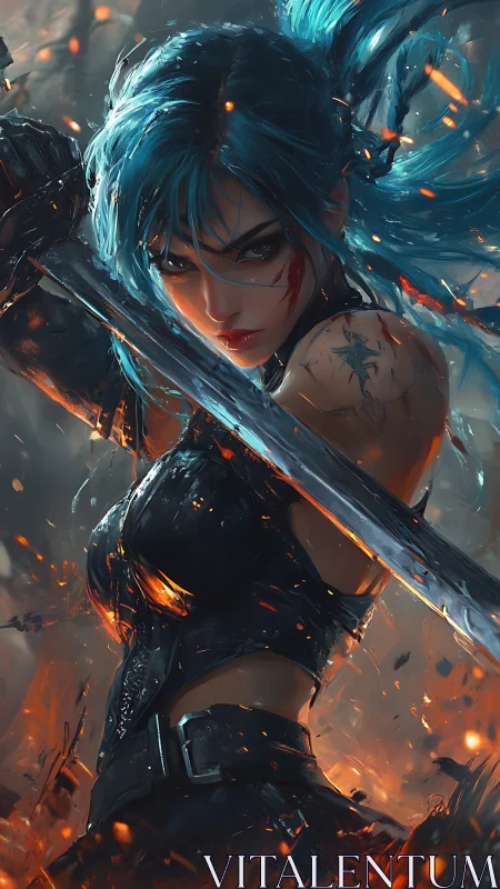 Blazing blue‑haired warrior cleaves through embers and steel.