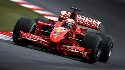 High-speed red Formula 1 car on apex with dynamic motion blur