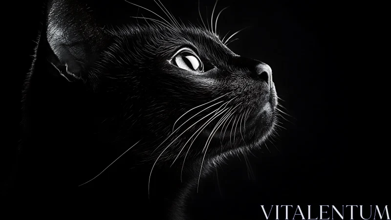 Black Cat Portrait. Intense Eyes Fixed Upward Against Dark.