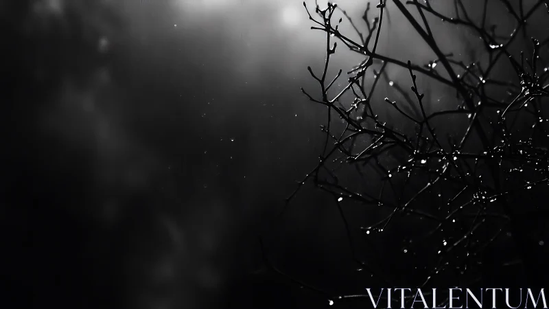 Backlit rain-soaked branches in high-contrast monochrome study