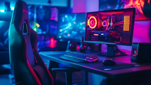 RGB illuminated gaming workstation shows configured PC setup