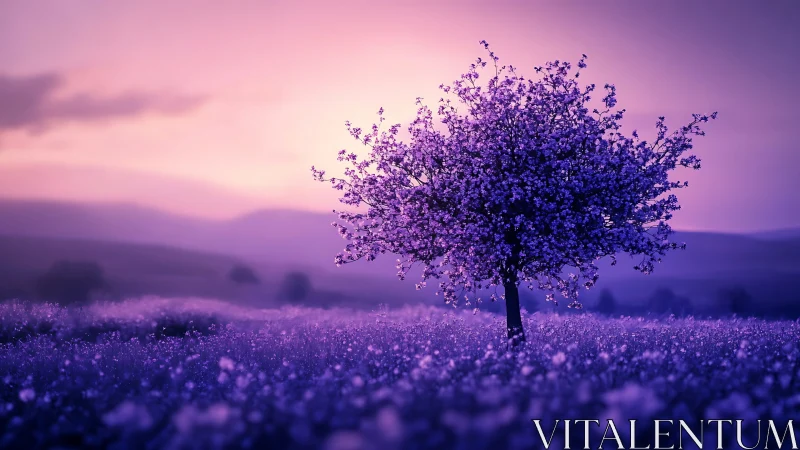 Solitary flowering tree in violet-toned open landscape.
