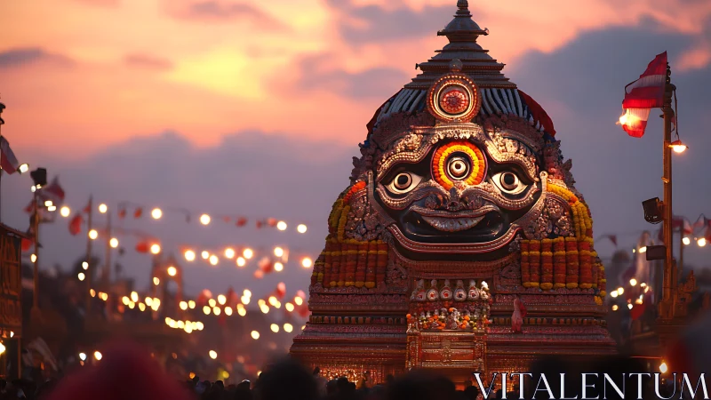 Sunset-lit festival chariot glows amid vibrant street lights