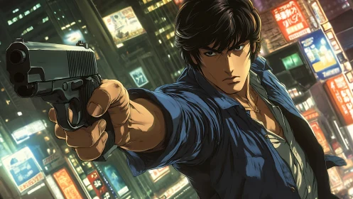 Anime gunman dominates neon cityscape with dynamic perspective