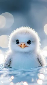 Snowy chick portrait in shimmering blue bokeh water.