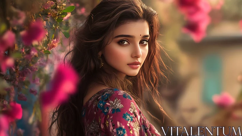 Digital painting portrait in floral bokeh garden environment.