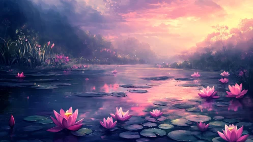 Sunset-illuminated lotus pond with soft-focus atmospheric depth cues