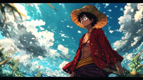 Straw hat anime character stands under expansive clouded sky