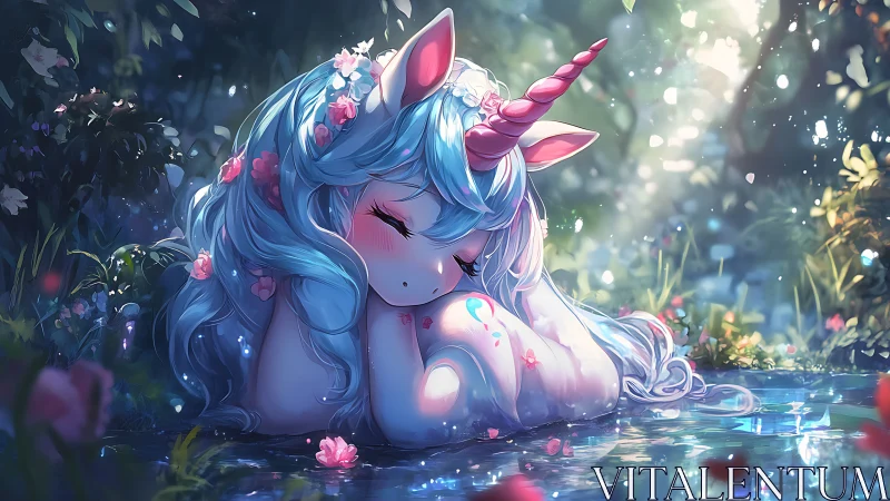 Sleeping blue unicorn rests in luminous forest pool