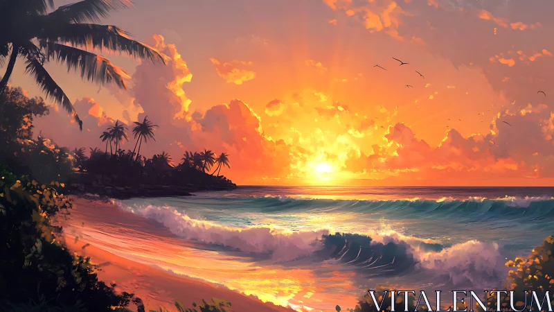 Tropical shoreline with palm trees under vivid sunset sky.