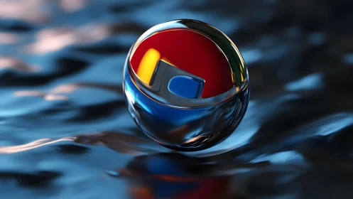Shiny Pepsi-Inspired Glass Sphere on Reflective Water Surface.