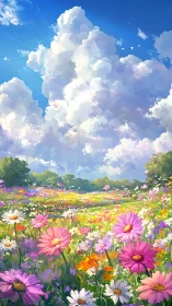 Digital illustration depicts wildflower meadow under cumulus clouds