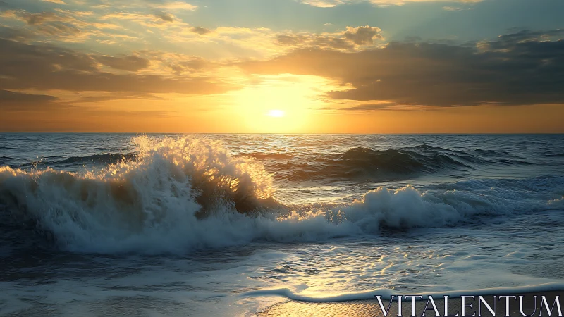 Golden sunset waves crash against a tranquil evening shoreline
