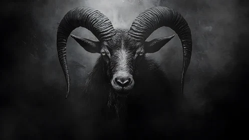 Horned black goat portrait in moody monochrome lighting.