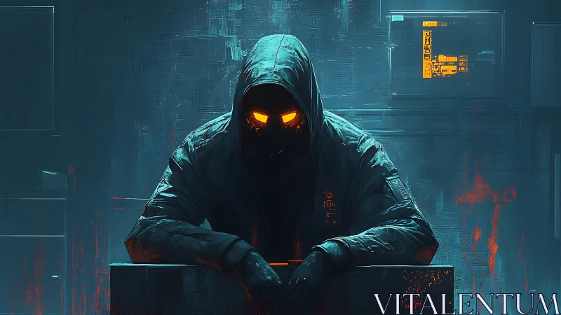 Hooded cyber figure with glowing eyes in neon lab.