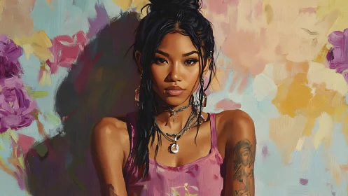 Portrait of tattooed woman against soft floral brushstrokes.