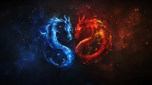 Fire and ice dragons forming a glowing yin yang symbol.