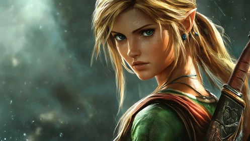 Elf warrior portrait with sword in atmospheric lighting.