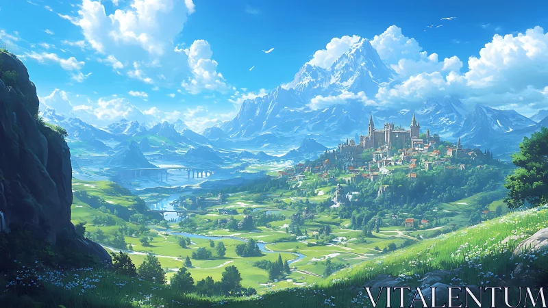 Fantasy valley kingdom under luminous alpine expanse.